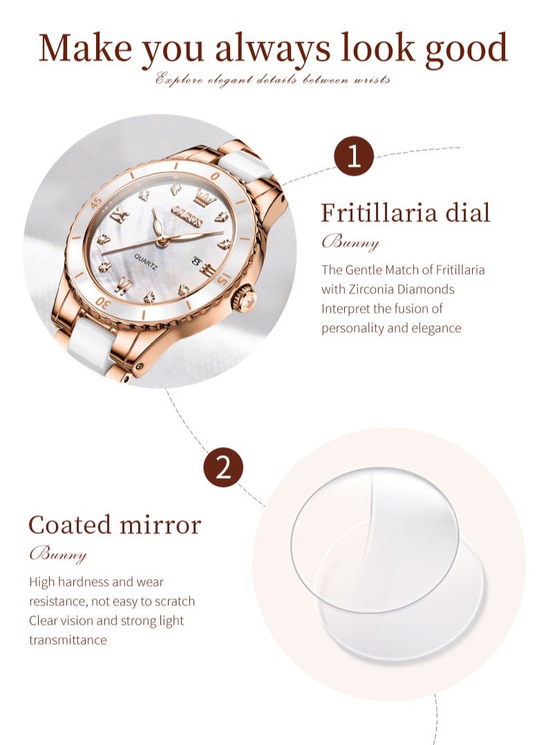 OLEVS Ladies' Watch Slim Ceramic Strap Iridescent Mother-of-Pearl Dial High-Hardness Coated Mirror Luminous Calendar Waterproof Student Watch - Image 4