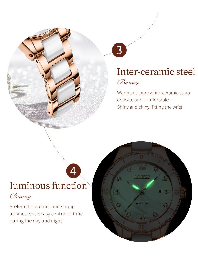 OLEVS Ladies' Watch Slim Ceramic Strap Iridescent Mother-of-Pearl Dial High-Hardness Coated Mirror Luminous Calendar Waterproof Student Watch - Image 5