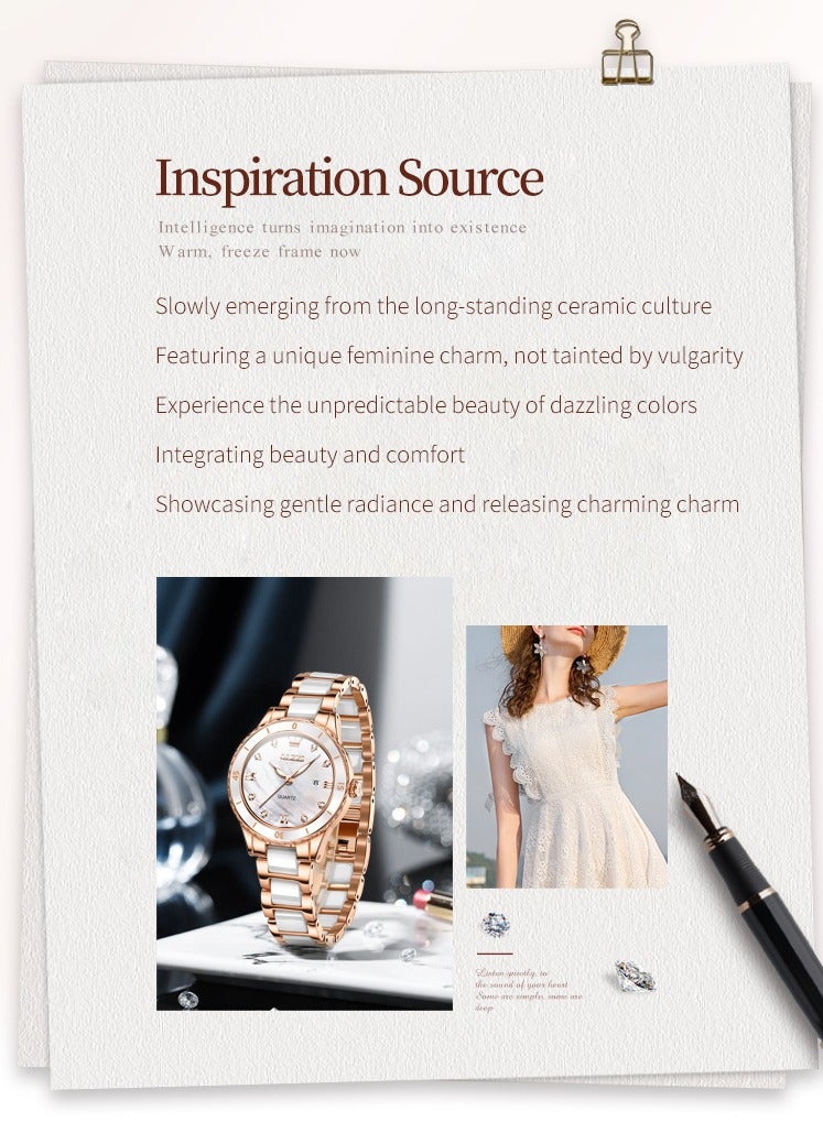 OLEVS Ladies' Watch Slim Ceramic Strap Iridescent Mother-of-Pearl Dial High-Hardness Coated Mirror Luminous Calendar Waterproof Student Watch - Image 2