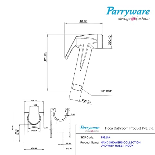 PARRYWARE UNO ABS Chrome Finish Health Faucet with Hose & Hook | Wall Mounted Bidet Spray | T9921A1 - Image 3