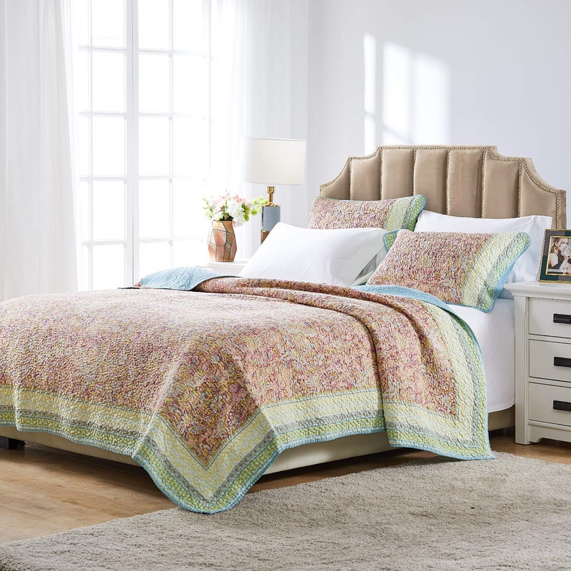 Greenland Home Fashions Greenland Home Fashions Palisades Modern Floral Bordered Cotton Bedspread Set 3Piece KingCal King Pastel 