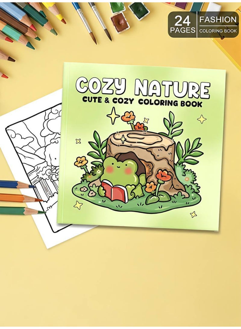 Cozy Nature Frog Coloring Book for Kids & Adults - Cute Relaxing Art Therapy Pages, 20x20cm, 24 Pages - Image 2