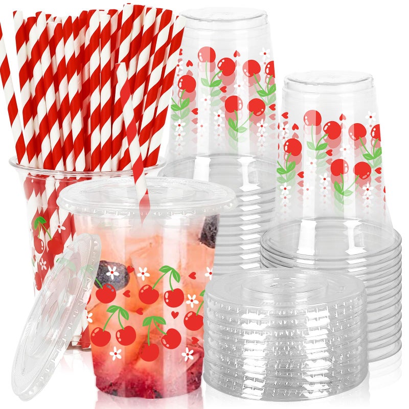 جرثينا AMCS 50 قطعة أكواب بلاستيكية حمراء مع أغطية وقشات زهور الكرز القلبية أكواب بلاستيكية شفافة 12 أونصة أكواب قابلة للتصرف لاحتياجات الحفلات اليومية والعطلات