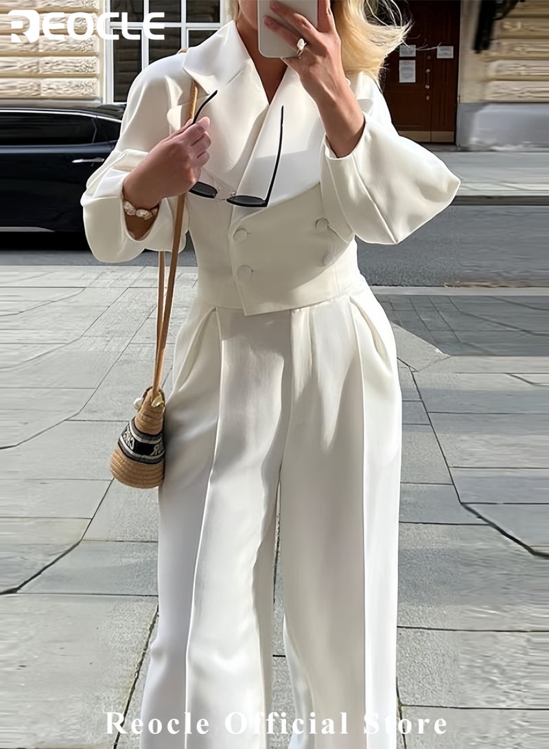 ريوكل طقم نسائي مكون من قطعتين معاطف نسائية وسروال واسع بدلة بقبة وسروال مستقيم بخصر عال طقم معطف نسائي لخريف مع أكمام منفوخة وبطانة مزدوجة جاكيتات قصيرة للسيدات المكتب - Image 2