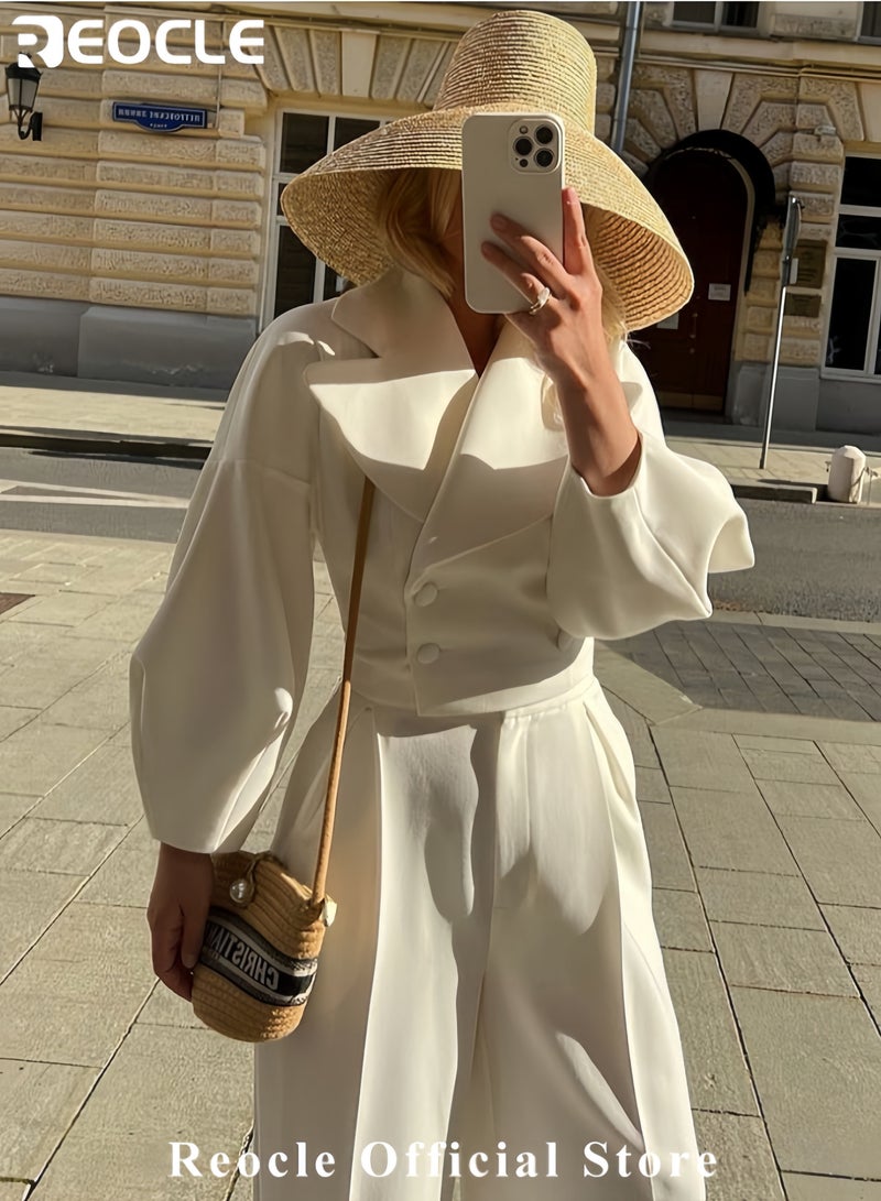 ريوكل طقم نسائي مكون من قطعتين معاطف نسائية وسروال واسع بدلة بقبة وسروال مستقيم بخصر عال طقم معطف نسائي لخريف مع أكمام منفوخة وبطانة مزدوجة جاكيتات قصيرة للسيدات المكتب - Image 3