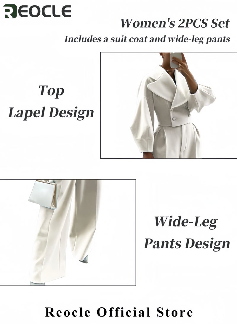 ريوكل طقم نسائي مكون من قطعتين معاطف نسائية وسروال واسع بدلة بقبة وسروال مستقيم بخصر عال طقم معطف نسائي لخريف مع أكمام منفوخة وبطانة مزدوجة جاكيتات قصيرة للسيدات المكتب - Image 5