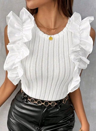 SHEIN Raffinéa Women's White Scoop Neck Ruffled Ribbed Tank Top - pzsku/Z7DCDC16E510BC48CE4A2Z/45/_/1737582572/9d27deaf-81e9-4789-be4e-9972718df046