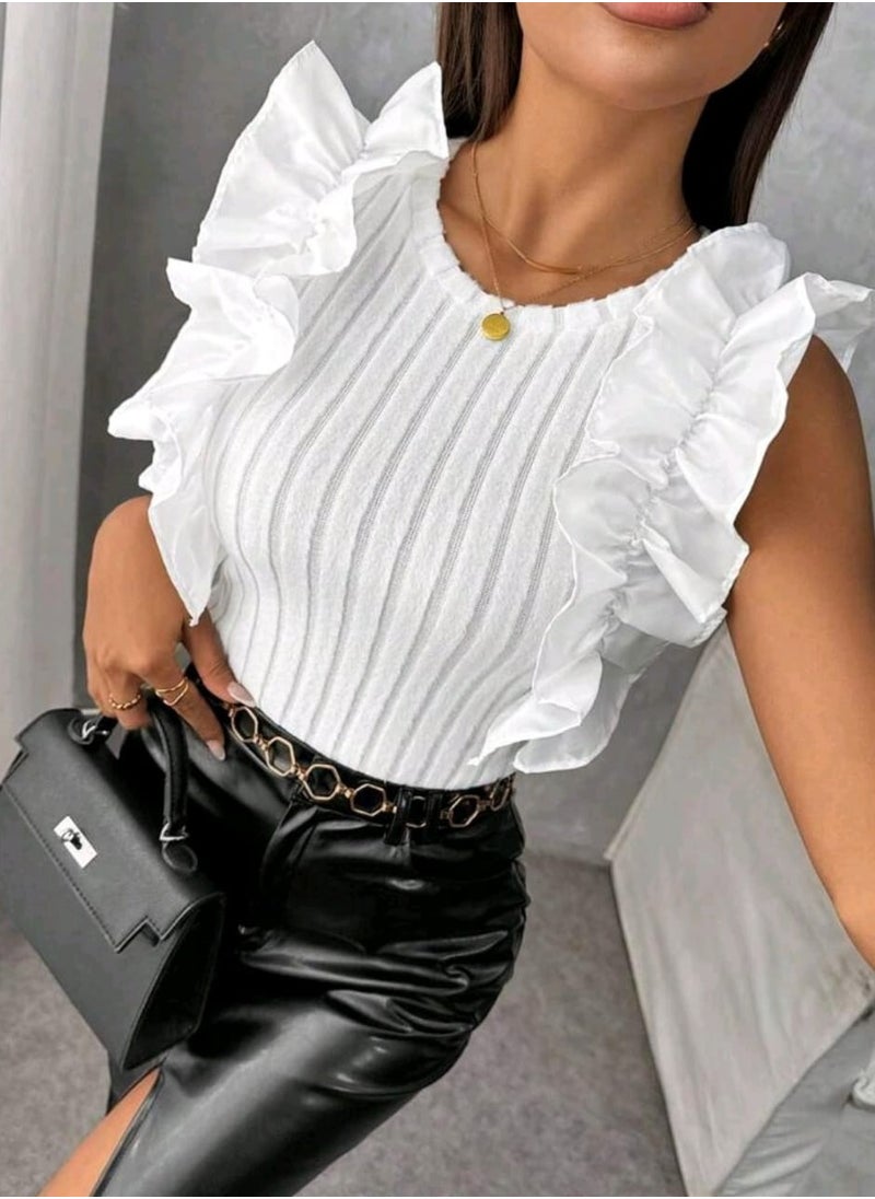 Shein - SHEIN Raffinéa Women's White Scoop Neck Ruffled Ribbed Tank Top - Image 1
