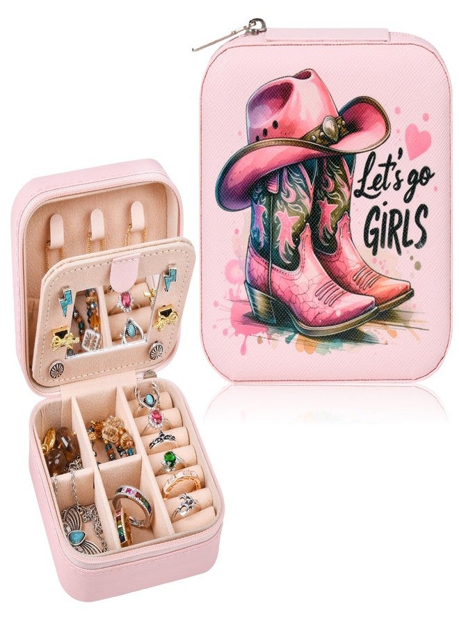 CEELGON Western Jewelry Box Case Gift Pink Boots Print Travel Jewelry Organizer Christmas Gifts for Teen Girls Cowgirl Stuff Small Portable Travel Accessories for Women (Pink Boots) - Image 1