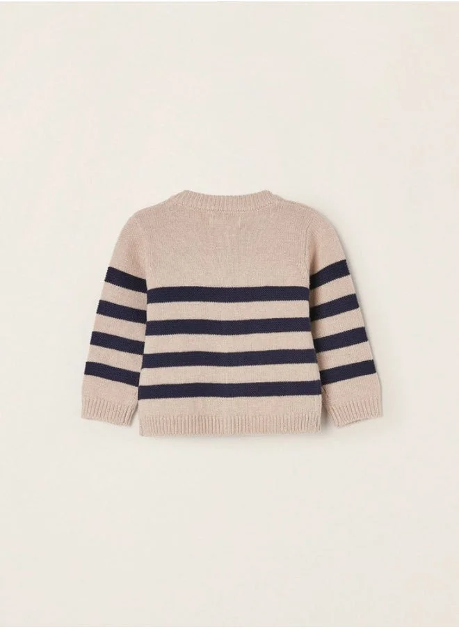 زيبي Striped Cardigan for Newborn baby Boys, Beige/Dark Blue