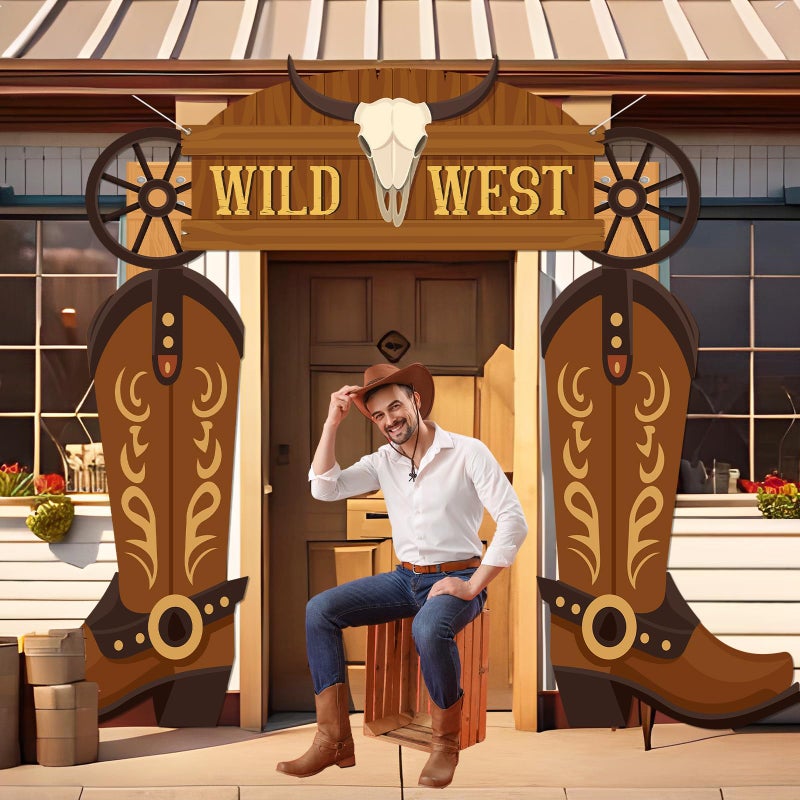 Oitnlaughter Wild Western Porch Banner West West Cowboy Party Door Decoration Cowboy Boot Hanging Banner Background Western Themed Saloon Porch Sign for Bar Birthday Photo Booth Props Favor Supplies - Image 4