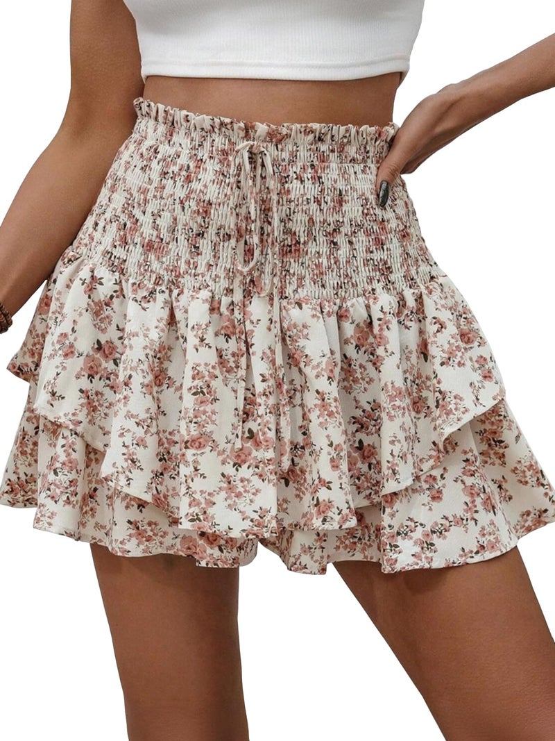 MATEAM Floral Skorts for Woman Ruffle Mini Skirt Running Flowy Athletic Shorts for Women 2026 Spring Trendy Causal Summer Gym Boho Outfits Apricot XL - Image 1