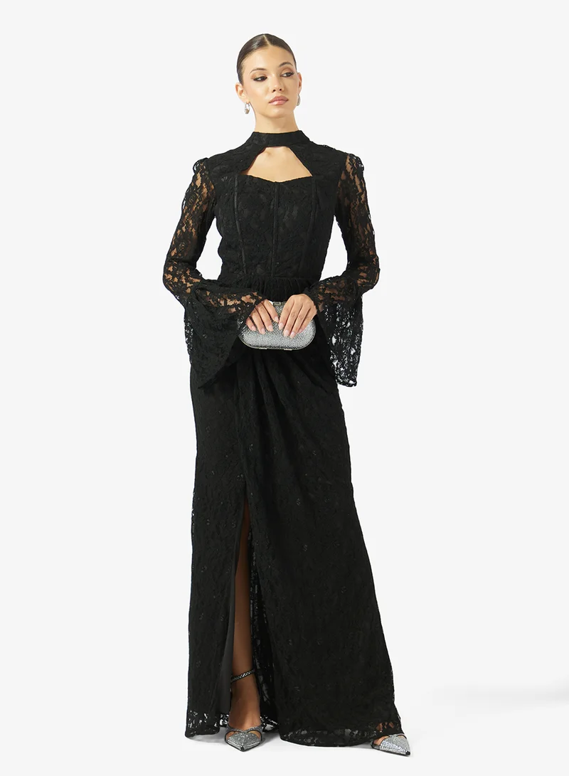 Akadia Fashion  CORSET CUT OUT FLARE SLEEVES DANTEL DRESS for Women | Best Price UAE