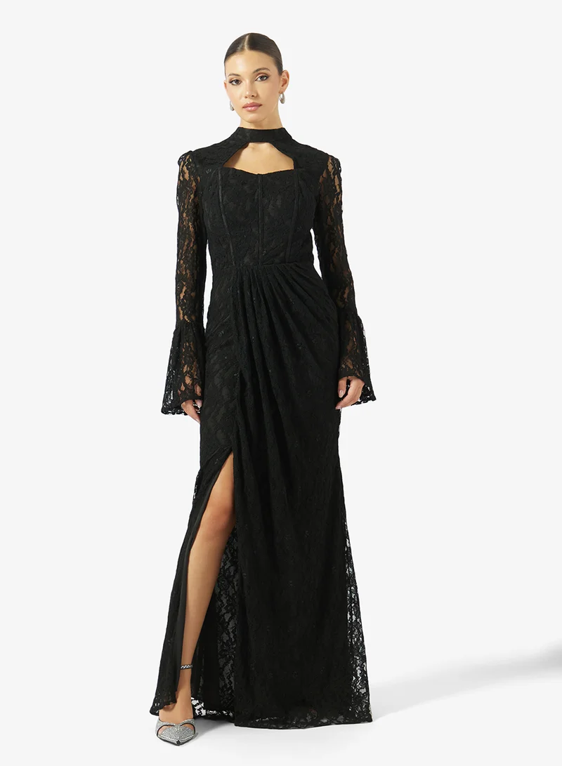 اكاديا فاشن CORSET CUT OUT FLARE SLEEVES DANTEL DRESS