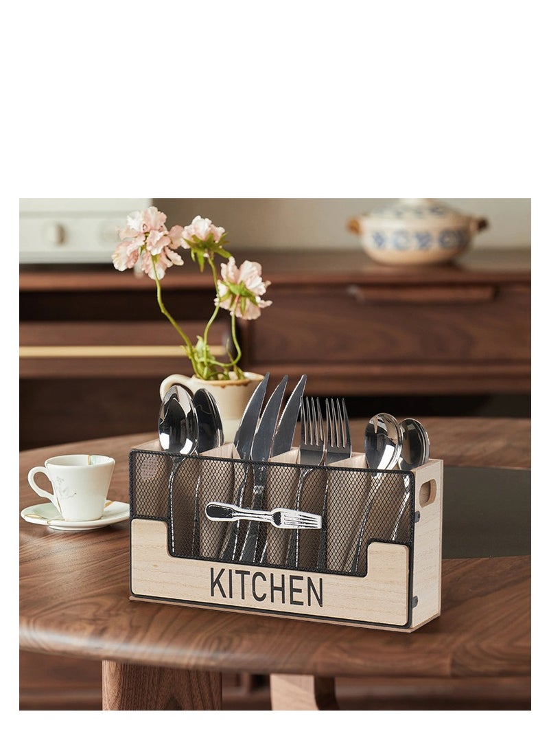 Y&D - Kitchen Counter Utensil Holder Black Metal paired with Wood Flatware Organizer 4 Compartments for Spatula Crock Cutlery Caddy Forks, Spoons, Knives, Farmhouse Bin Storage Box - Image 1