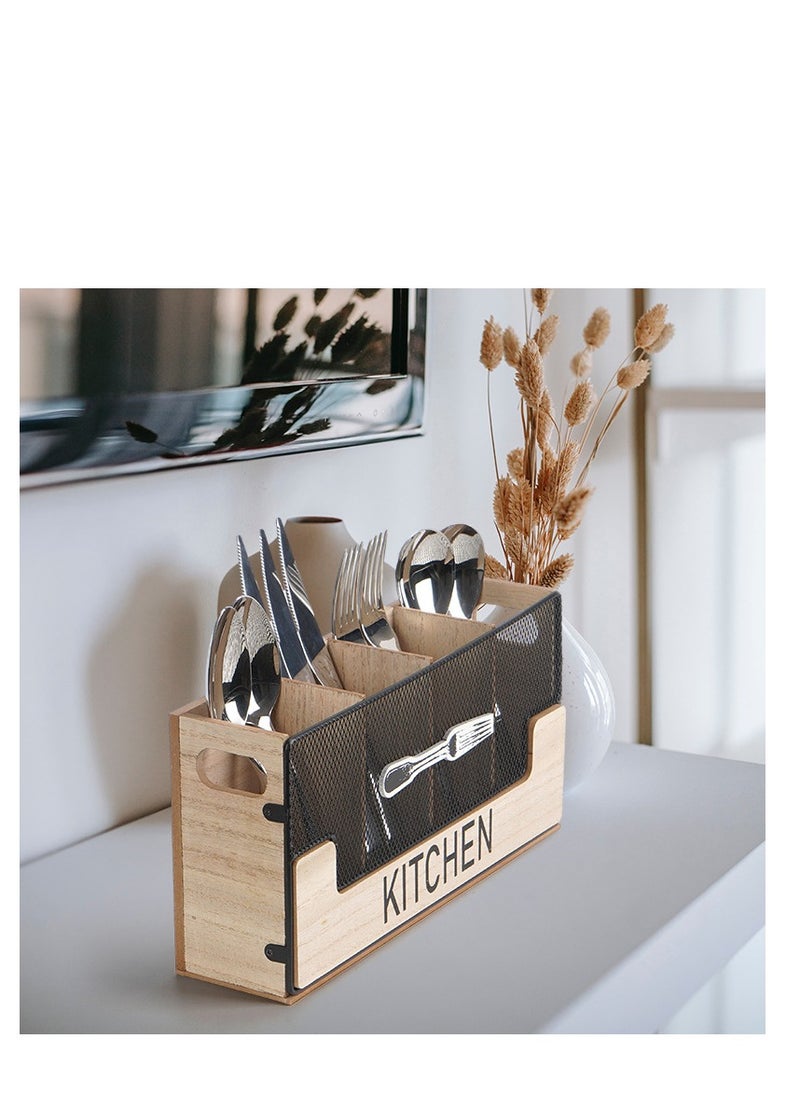 Y&D - Kitchen Counter Utensil Holder Black Metal paired with Wood Flatware Organizer 4 Compartments for Spatula Crock Cutlery Caddy Forks, Spoons, Knives, Farmhouse Bin Storage Box - Image 1