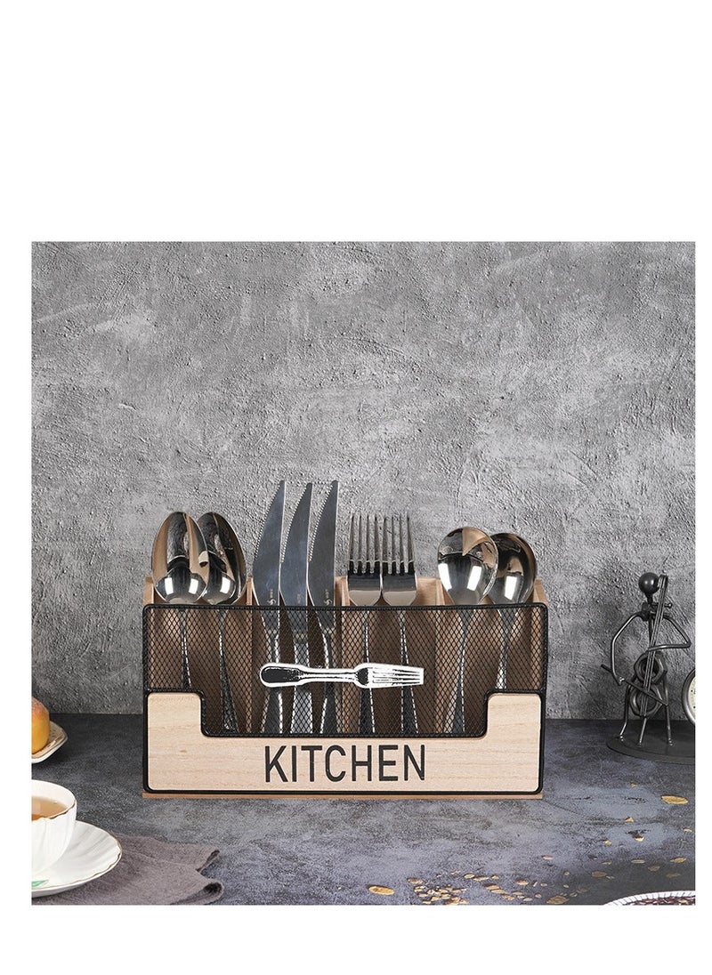 Y&D - Kitchen Counter Utensil Holder Black Metal paired with Wood Flatware Organizer 4 Compartments for Spatula Crock Cutlery Caddy Forks, Spoons, Knives, Farmhouse Bin Storage Box - Image 1