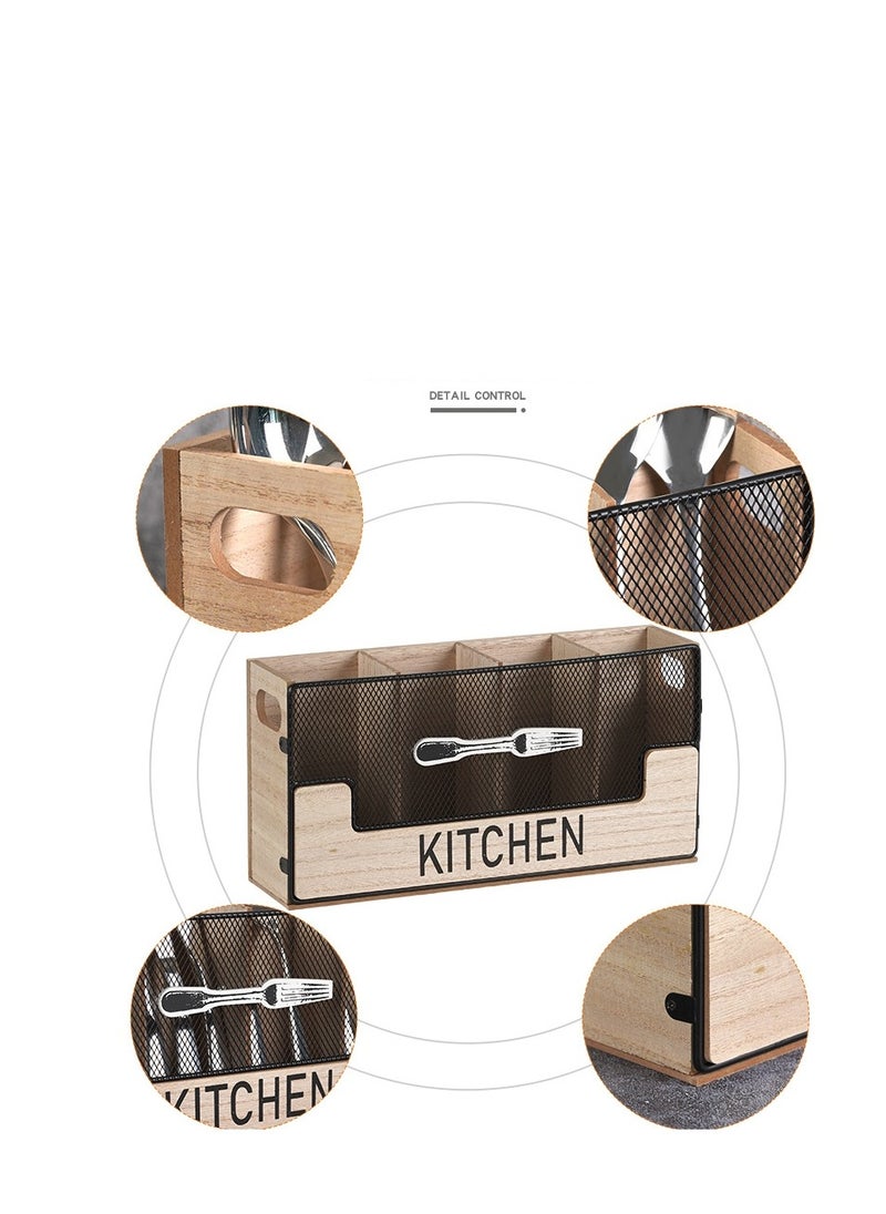 Y&D - Kitchen Counter Utensil Holder Black Metal paired with Wood Flatware Organizer 4 Compartments for Spatula Crock Cutlery Caddy Forks, Spoons, Knives, Farmhouse Bin Storage Box - Image 1