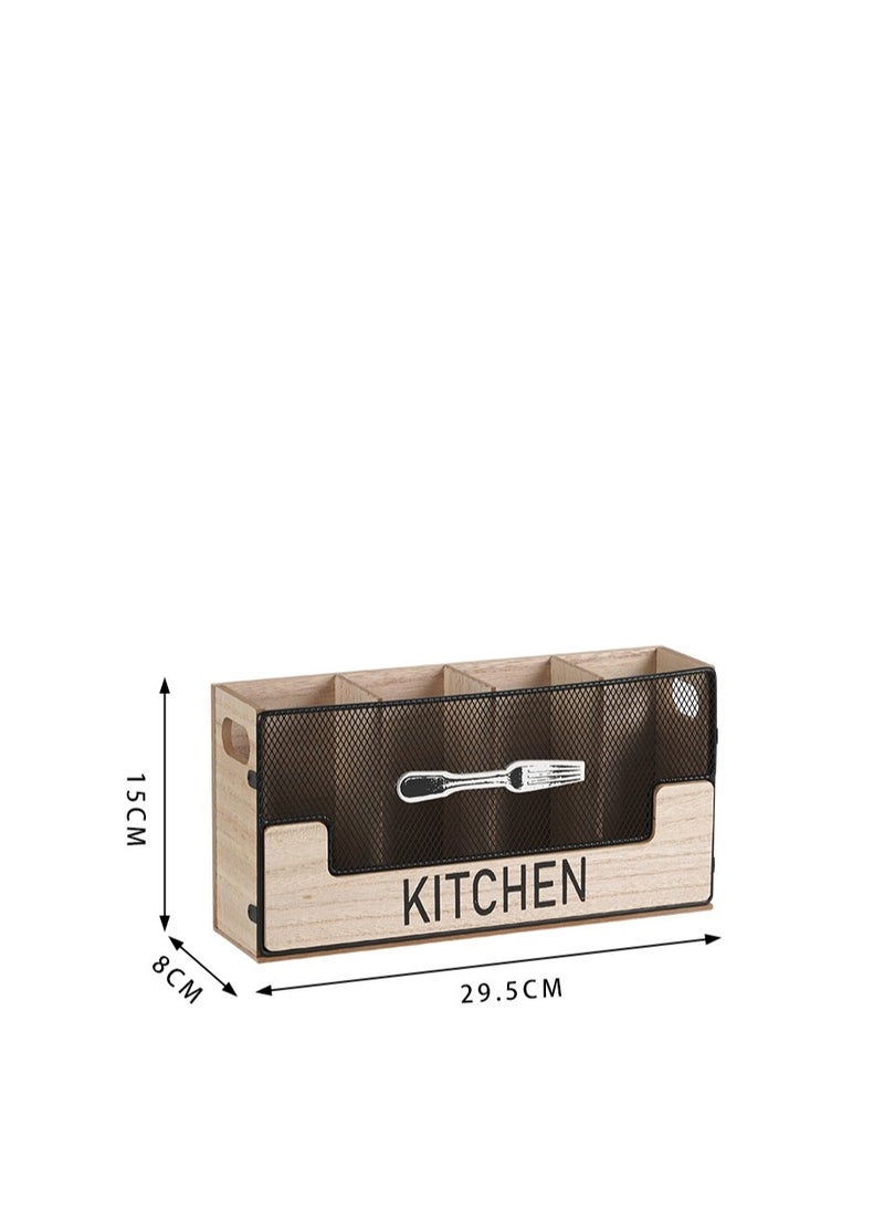 Y&D - Kitchen Counter Utensil Holder Black Metal paired with Wood Flatware Organizer 4 Compartments for Spatula Crock Cutlery Caddy Forks, Spoons, Knives, Farmhouse Bin Storage Box - Image 1