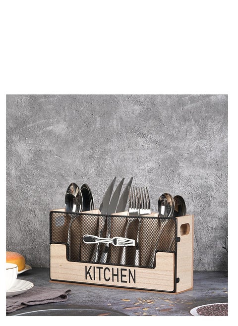 Kitchen Counter Utensil Holder Black Metal paired with Wood Flatware Organizer 4 Compartments for Spatula Crock Cutlery Caddy Forks, Spoons, Knives, Farmhouse Bin Storage Box