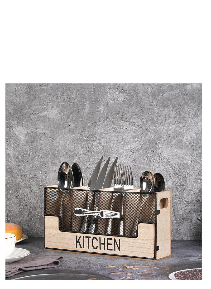 Y&D - Kitchen Counter Utensil Holder Black Metal paired with Wood Flatware Organizer 4 Compartments for Spatula Crock Cutlery Caddy Forks, Spoons, Knives, Farmhouse Bin Storage Box - Image 1
