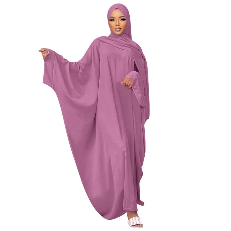 IKADEX Muslim Dress for Women Pakistani Kaftan Abaya Robe + Hijab Arabic Islamic Prayer Clothes Dubai Outfits Dark Pink Set - Image 1