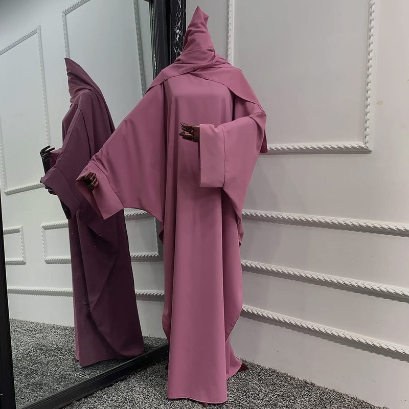 IKADEX Muslim Dress for Women Pakistani Kaftan Abaya Robe + Hijab Arabic Islamic Prayer Clothes Dubai Outfits Dark Pink Set - Image 5