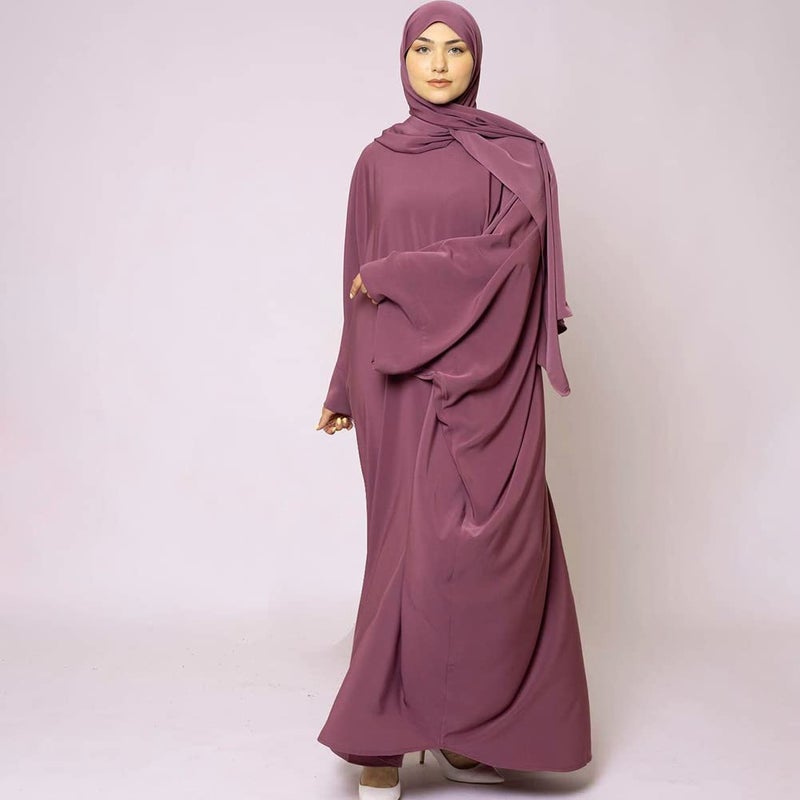 IKADEX Muslim Dress for Women Pakistani Kaftan Abaya Robe + Hijab Arabic Islamic Prayer Clothes Dubai Outfits Dark Pink Set - Image 3
