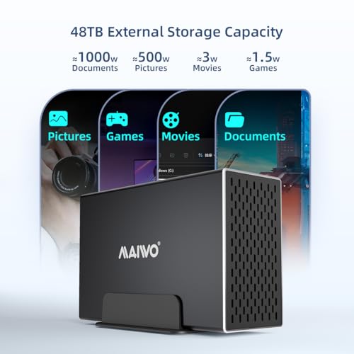 MAIWO حاوية RAID مزدوجة من MAIWO للأقراص الصلبة مع مروحة تبريد لقرص SATA SSD/HDD بحجم 2.5/3.5 بوصة، حاوية HDD USB C 3.1 بسرعة 10Gbps، سعة 48TB، RAID 0/1/JBOD/PM، هيكل من الألمنيوم - Image 4