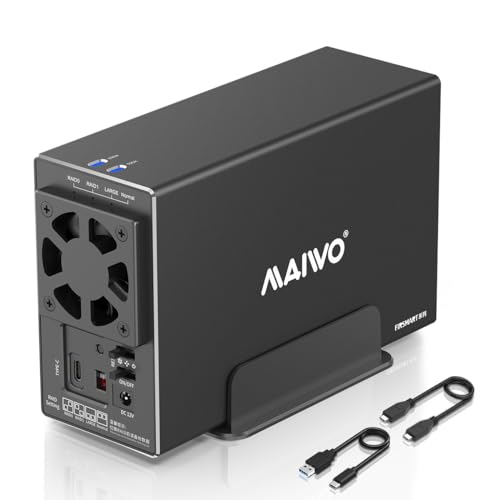 MAIWO حاوية RAID مزدوجة من MAIWO للأقراص الصلبة مع مروحة تبريد لقرص SATA SSD/HDD بحجم 2.5/3.5 بوصة، حاوية HDD USB C 3.1 بسرعة 10Gbps، سعة 48TB، RAID 0/1/JBOD/PM، هيكل من الألمنيوم - Image 1