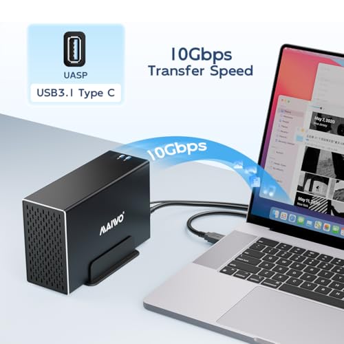MAIWO حاوية RAID مزدوجة من MAIWO للأقراص الصلبة مع مروحة تبريد لقرص SATA SSD/HDD بحجم 2.5/3.5 بوصة، حاوية HDD USB C 3.1 بسرعة 10Gbps، سعة 48TB، RAID 0/1/JBOD/PM، هيكل من الألمنيوم - Image 2