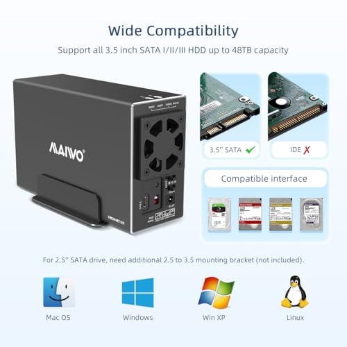 MAIWO حاوية RAID مزدوجة من MAIWO للأقراص الصلبة مع مروحة تبريد لقرص SATA SSD/HDD بحجم 2.5/3.5 بوصة، حاوية HDD USB C 3.1 بسرعة 10Gbps، سعة 48TB، RAID 0/1/JBOD/PM، هيكل من الألمنيوم - Image 3
