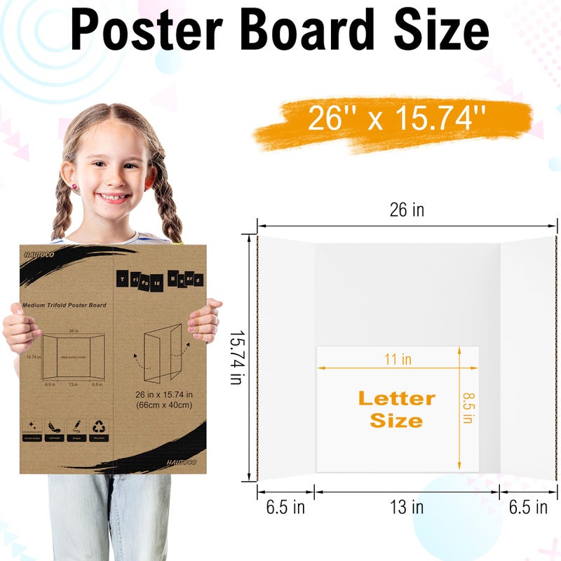 HAUTOCO 12 Pack Trifold Poster Board 26'' x 15.74'' Medium Tri Fold Project Boards White Corrugated Presentation Cardboard for Science Fairs, School Projects, Event Displays, Business - Image 2