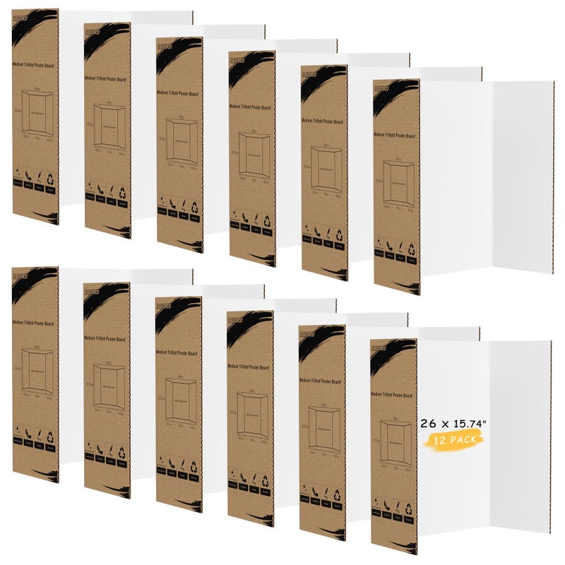 HAUTOCO 12 Pack Trifold Poster Board 26'' x 15.74'' Medium Tri Fold Project Boards White Corrugated Presentation Cardboard for Science Fairs, School Projects, Event Displays, Business - Image 1