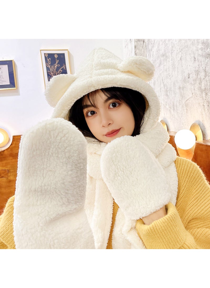 Generic - Bear ears hat scarf wholesale new female all-match cute warm winter scarf hooded autumn and winter Bear Ears [Three Pieces]-White Bear Ears [Three Pieces]-White - Image 1