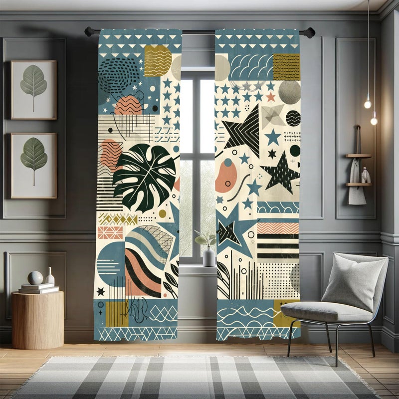 Ambesonne Abstract Window Curtains  Modern Monstera and Stars with Muted Tones Memphis Chevrons Stripes  Lightweight Decorative 2-Panel Set & Rod Pocket  Pair of - 28"" x 84""  Slate Blue Eggshell Fawn - Image 1