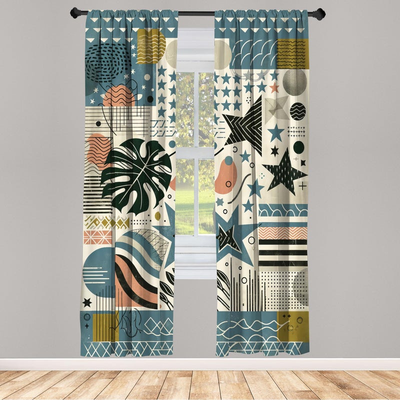 Ambesonne Abstract Window Curtains  Modern Monstera and Stars with Muted Tones Memphis Chevrons Stripes  Lightweight Decorative 2-Panel Set & Rod Pocket  Pair of - 28"" x 84""  Slate Blue Eggshell Fawn - Image 2