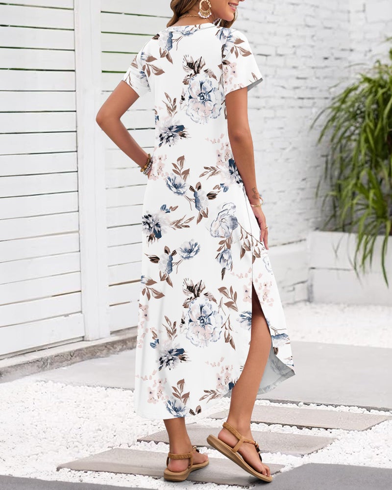 MISFAY Women's Summer Casual Maxi Dress 2026 Short Sleeves V Neck Loose Sundress Split Long Beach T Shirt Dress Vacation Outfits(Flower White,M) - Image 2