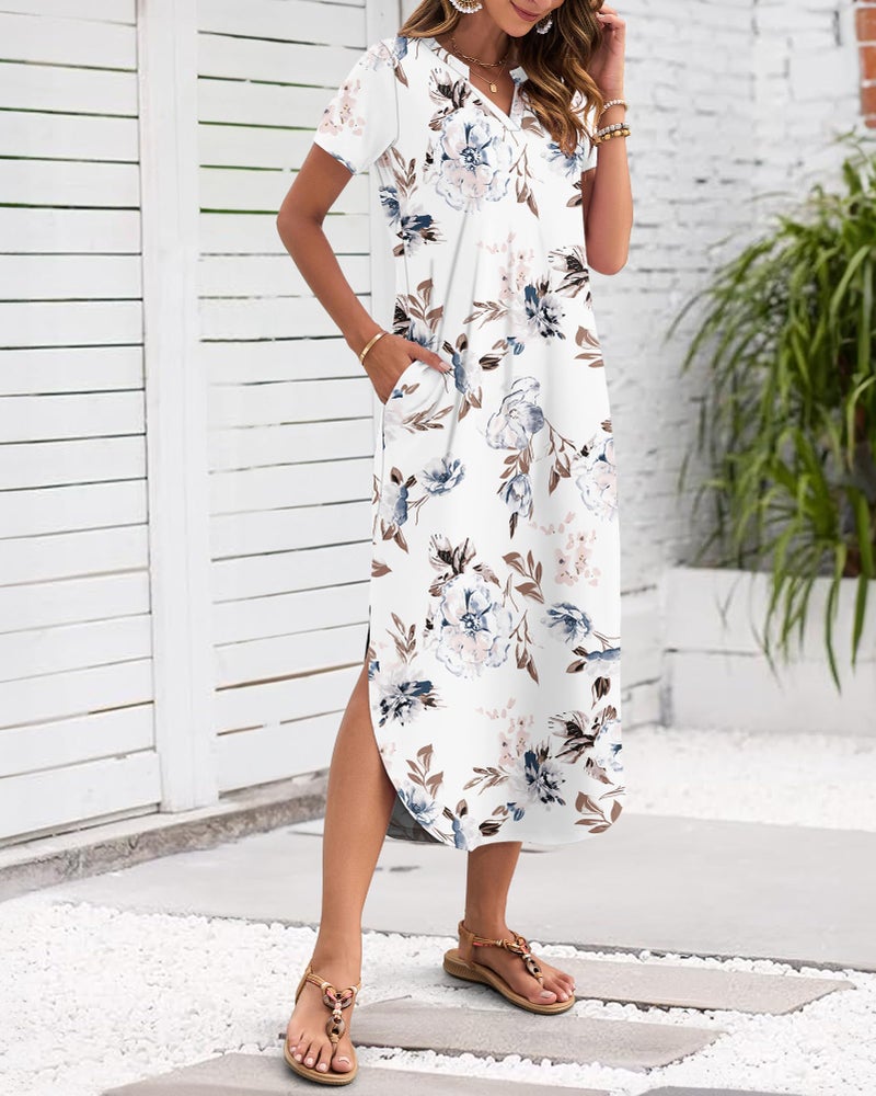 MISFAY Women's Summer Casual Maxi Dress 2026 Short Sleeves V Neck Loose Sundress Split Long Beach T Shirt Dress Vacation Outfits(Flower White,M) - Image 1