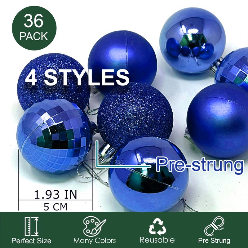 allgala Allgala Christmas Balls 36 PK 2 Inch (5CM) Pre-Strung Shatter Proof Christmas Ornament Balls for Xmas Tree-4 Style-Blue  - Image 2