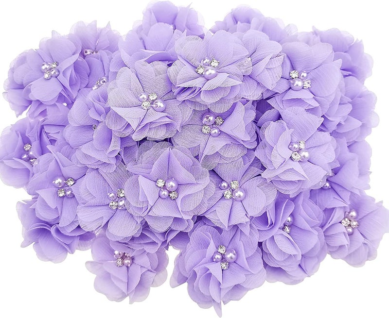 DonLeeving 30 PCS Rhinestone Pearl Purple Chiffon Flower Sewing Fabric Appliques for Clothing, Headbands Flower, Crafts, Party Decoration, Sewing Applique - Image 1
