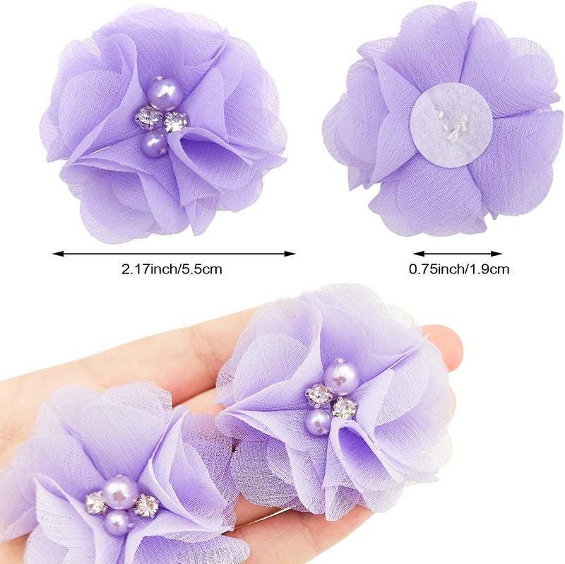 DonLeeving 30 PCS Rhinestone Pearl Purple Chiffon Flower Sewing Fabric Appliques for Clothing, Headbands Flower, Crafts, Party Decoration, Sewing Applique - Image 2