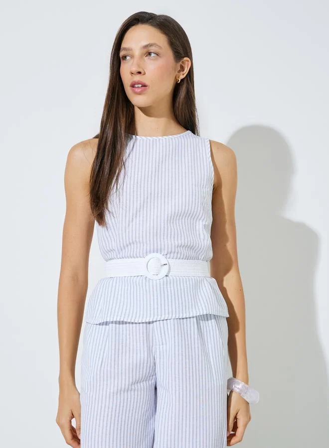 Styli Off White Off White Striped Belted Top and Pants Co-Ord Set for Women | Best Price UAE