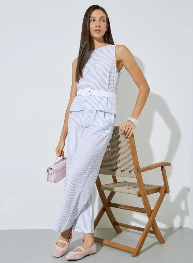 Off White Striped Belted Top and Pants Co-Ord Set