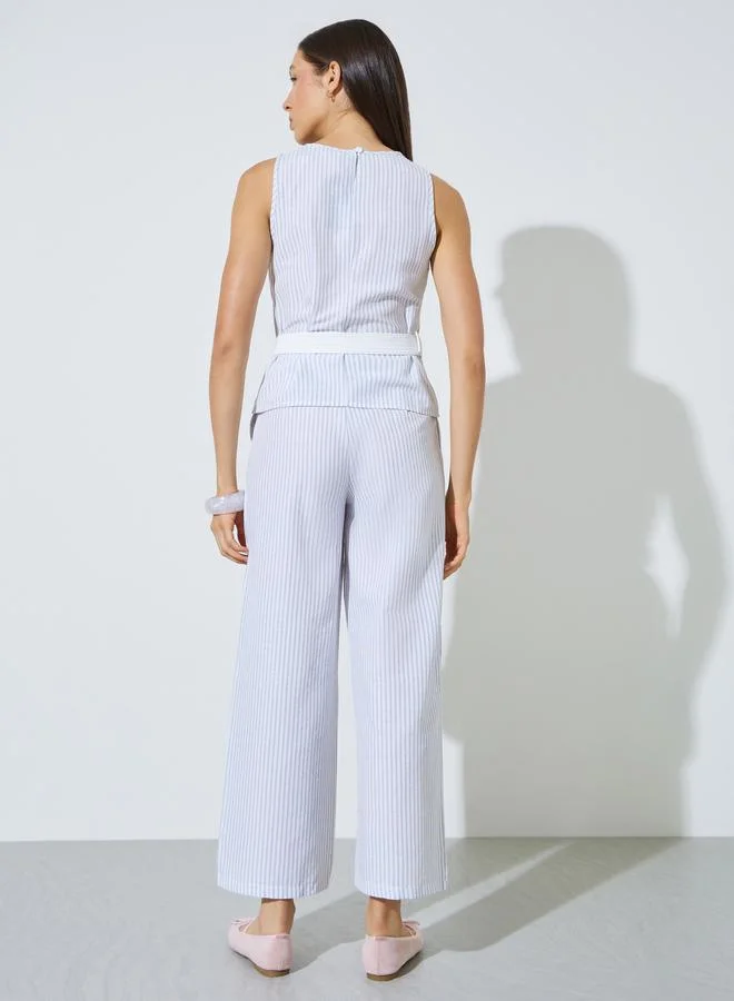 Styli Off White Off White Striped Belted Top and Pants Co-Ord Set for Women | Best Price UAE