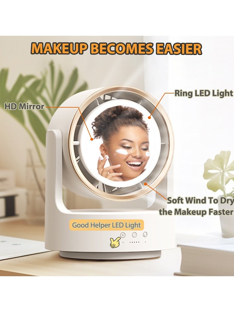 SänHahn Desk Air Circulator Fan Bladeless with LED Light Makeup Mirror for Women Girls, Desk Fan Small Quiet, Rechargeable USB Table Fan, Adjustable Head, Strong Wind, 5 Speed Adjustment, Touch Control, Easy to Clean, Ideal for Office, Home, Living Room, Bedroom - White  - Image 2