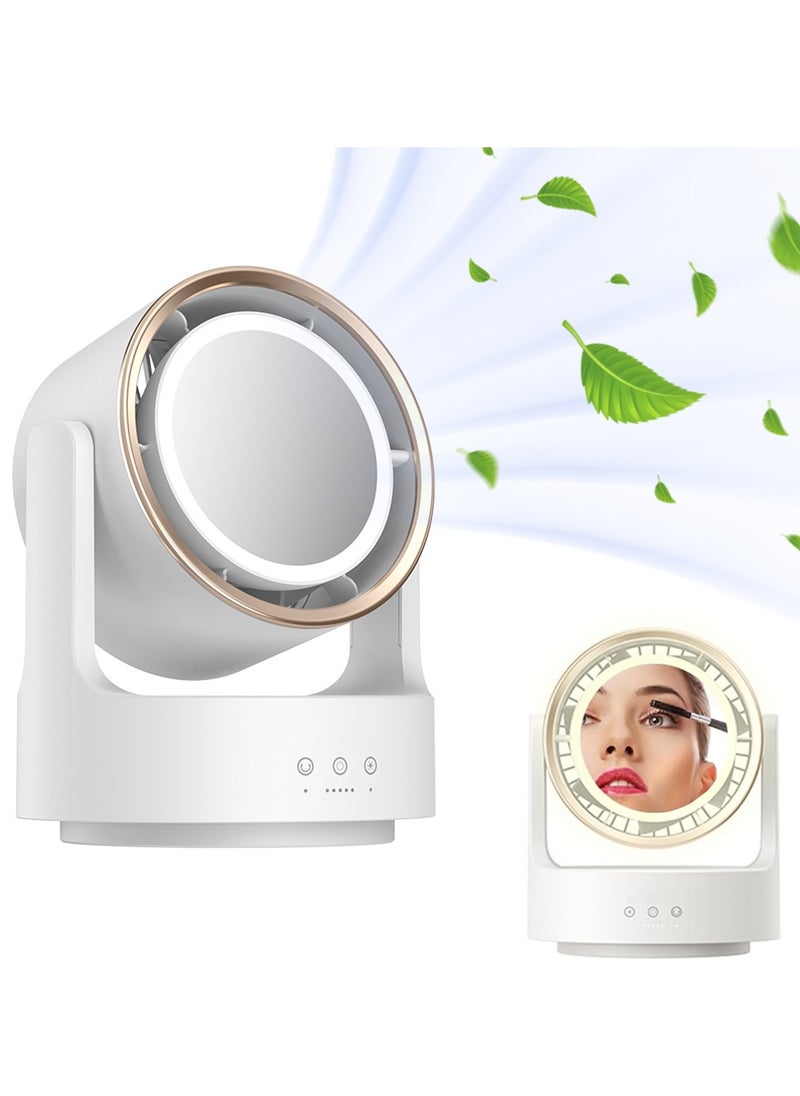 SänHahn Desk Air Circulator Fan Bladeless with LED Light Makeup Mirror for Women Girls, Desk Fan Small Quiet, Rechargeable USB Table Fan, Adjustable Head, Strong Wind, 5 Speed Adjustment, Touch Control, Easy to Clean, Ideal for Office, Home, Living Room, Bedroom - White  - Image 1