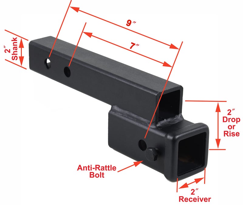 TOPTOW Trailer Receiver Hitch Extender Adapter 2" Drop/Riser, 7" and 9" Extension Length, 2" Shank, 7500lbs Towing Capacity, Matte Black - Image 2