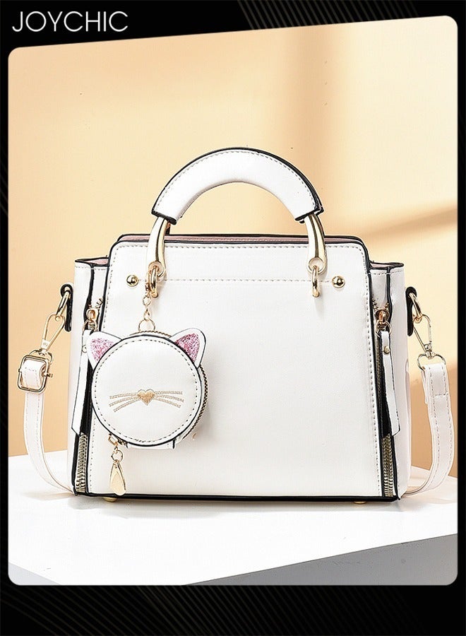 Joychic Korean Style Fashionable and Sweet Women Handbag Casual Personality Cat Design Large Capacity Commuting Shoulder Crossbody Bag PU Fabric Waterproof White - Image 1
