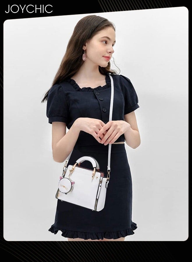 Joychic Korean Style Fashionable and Sweet Women Handbag Casual Personality Cat Design Large Capacity Commuting Shoulder Crossbody Bag PU Fabric Waterproof White - Image 2
